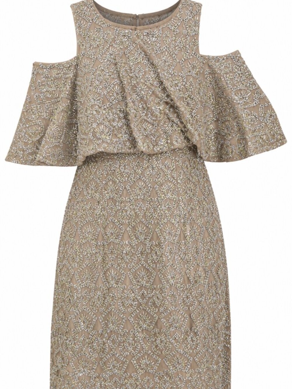 Aidan Mattox Sequin Nude Beige Tan Evening Cocktail Dress Cold Shoulder EUC 8